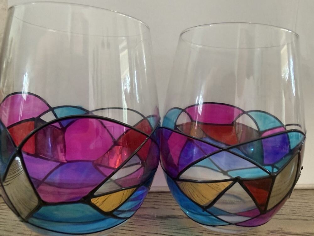 Artisanal Hand-Painted Stemless Wine Glasses (2) Renaissance Stained Glass 5”